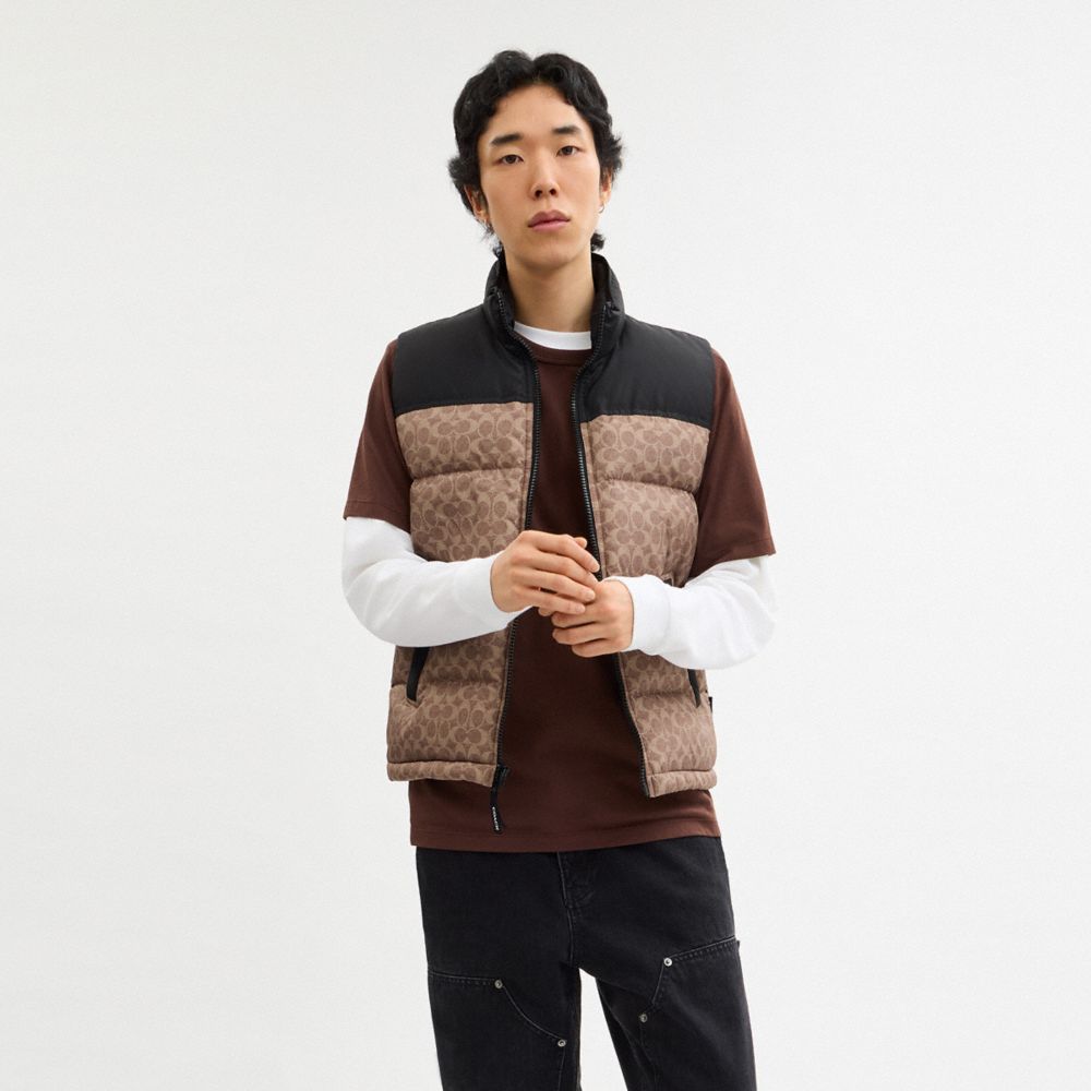Coach Signature Down Vest In Recycled Polyester Tan Signature
