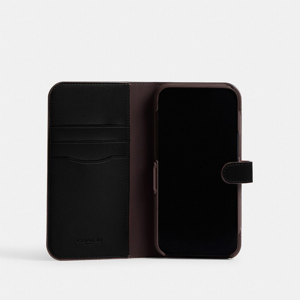 Coach Iphone 15 Folio In Signature Canvas Charcoal