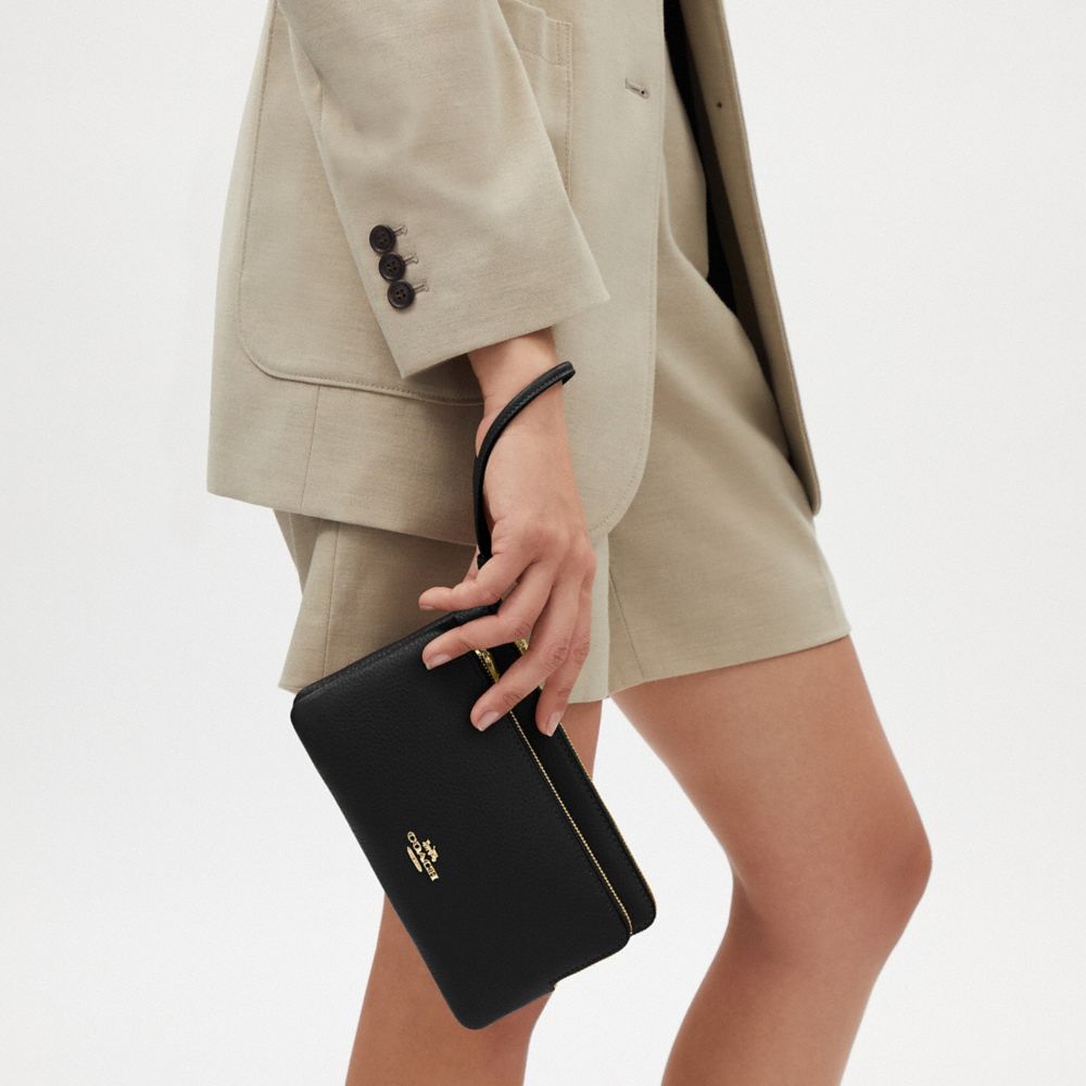 Coach Double Zip Wallet Gold Black