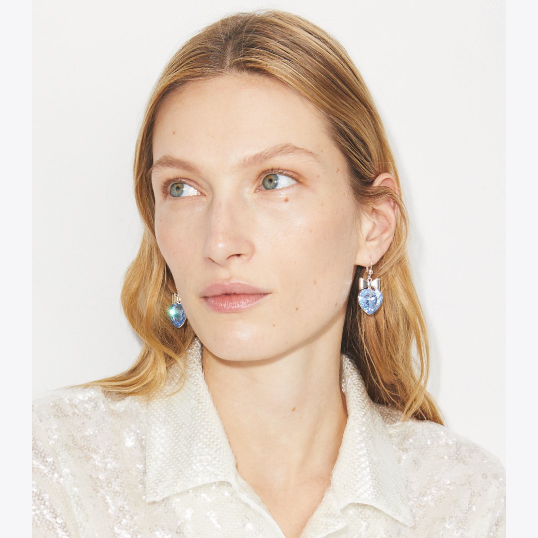 Tory Burch Curiosity Heart and Bow Earrings Light Silver / Blue