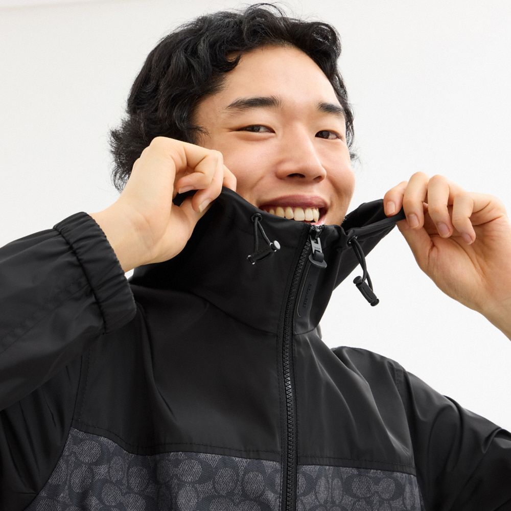 Coach Signature Full Zip Windbreaker In Recycled Polyester Charcoal Signature