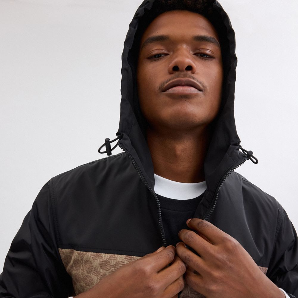 Coach Signature Full Zip Windbreaker In Recycled Polyester Tan Signature