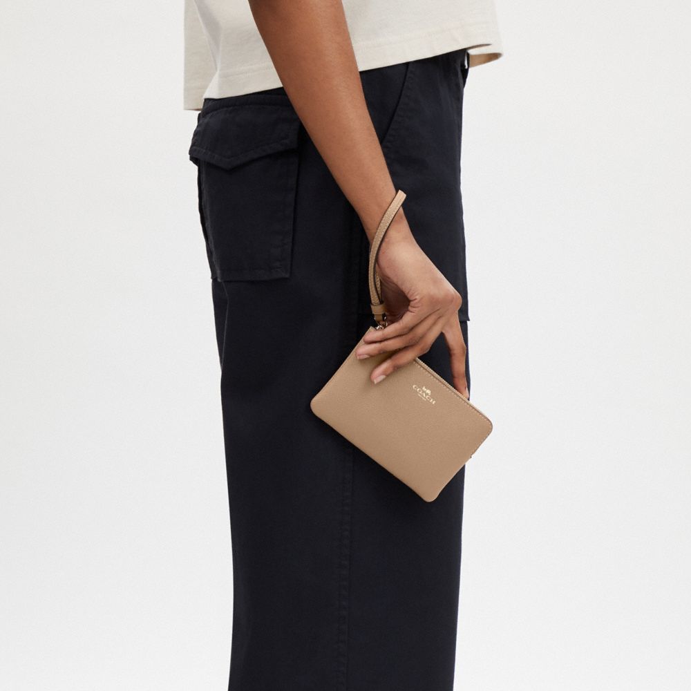 Coach Corner Zip Wristlet Gold Taupe