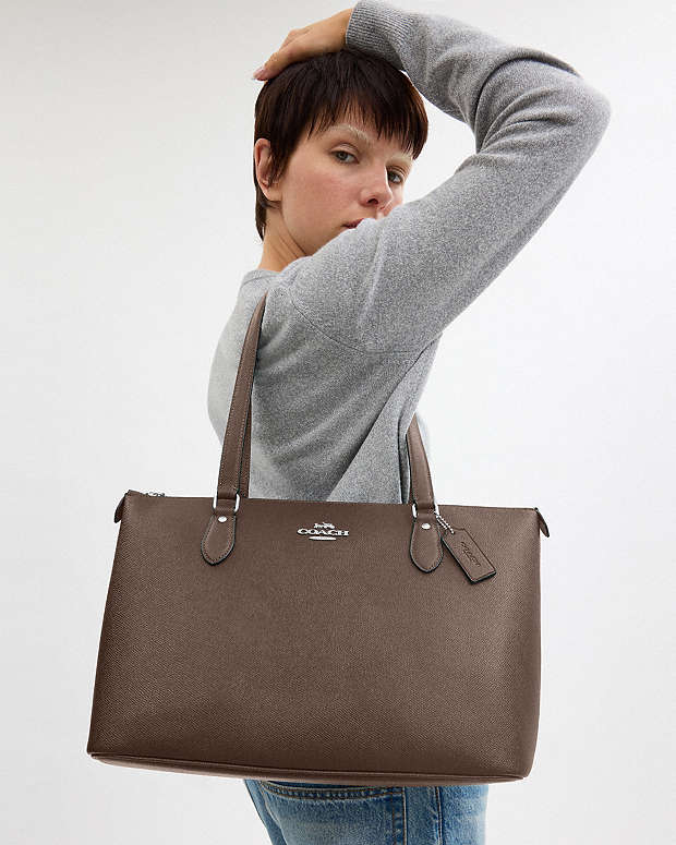 Gallery Tote Bag Crossgrain Leather-Gold-Dark Stone Crossgrain Leather-Gold-Dark Stone