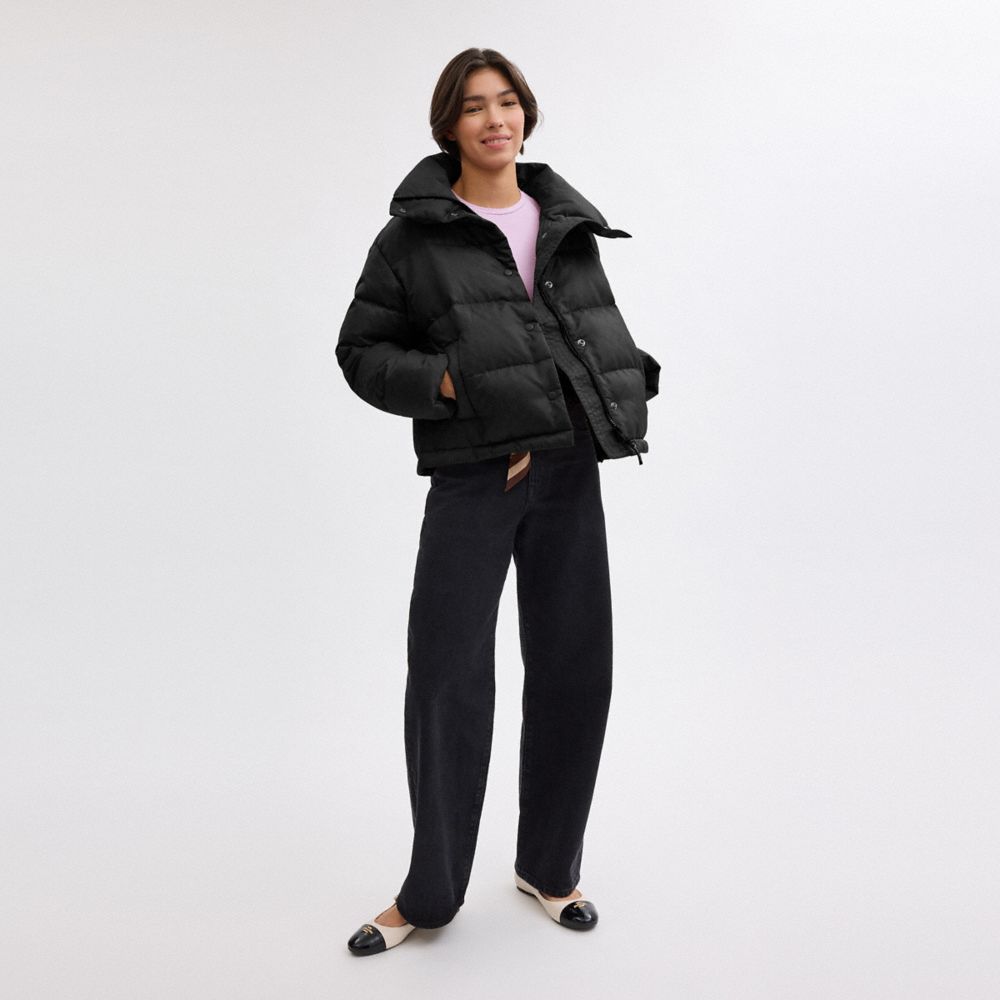 Coach Signature Jacquard Short Puffer In Recycled Polyamide Black