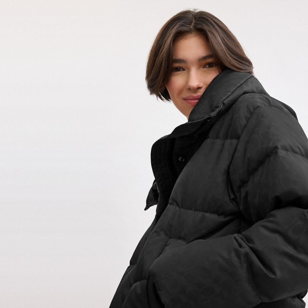 Coach Signature Jacquard Short Puffer In Recycled Polyamide Black