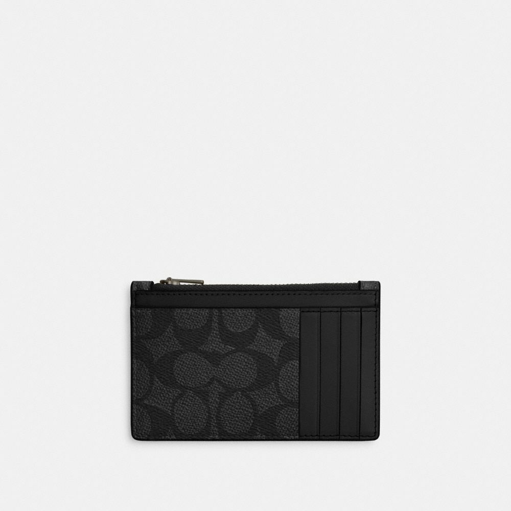 Coach Zip Card Case In Signature Canvas Gunmetal/Charcoal/Black