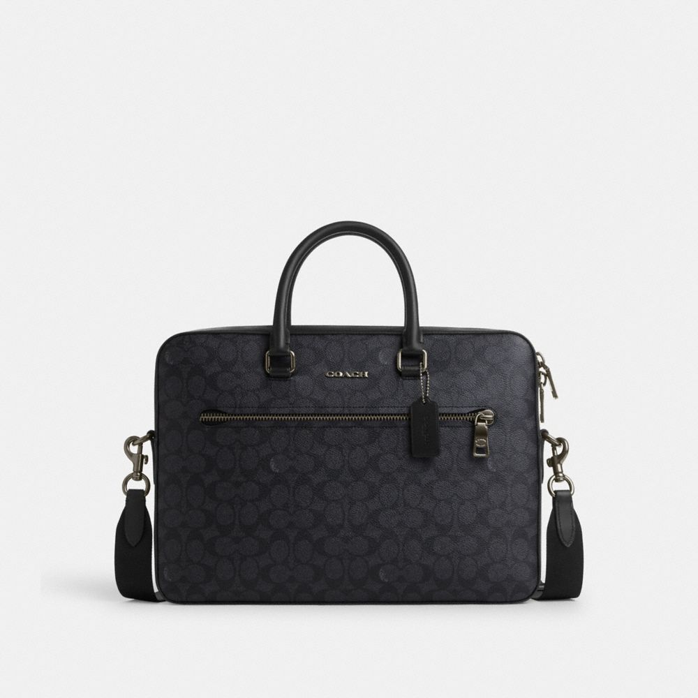 Coach Ethan Slim Brief in signature canvas, gunmetal charcoal black, with gunmetal hardware