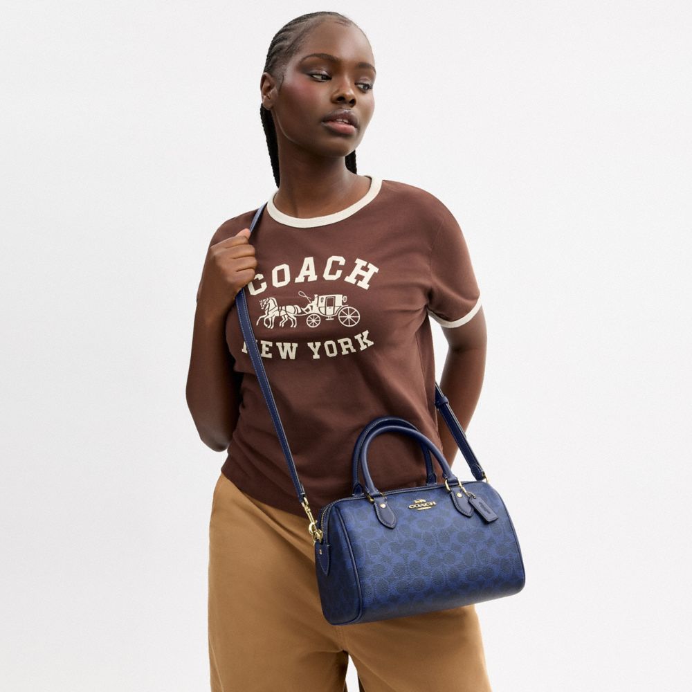 Coach Rowan Satchel Bag In Signature Canvas Gold/Navy