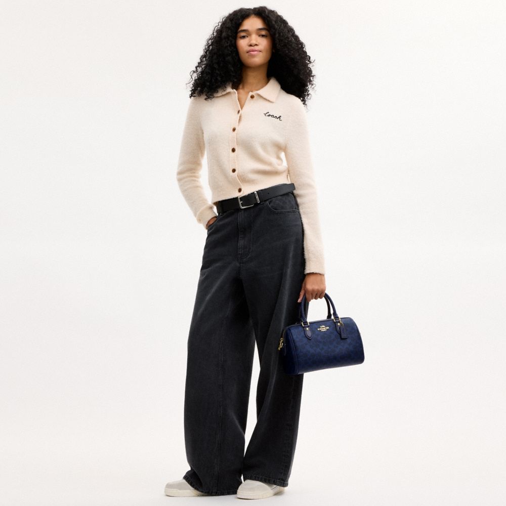 Coach Rowan Satchel Bag In Signature Canvas Gold/Navy