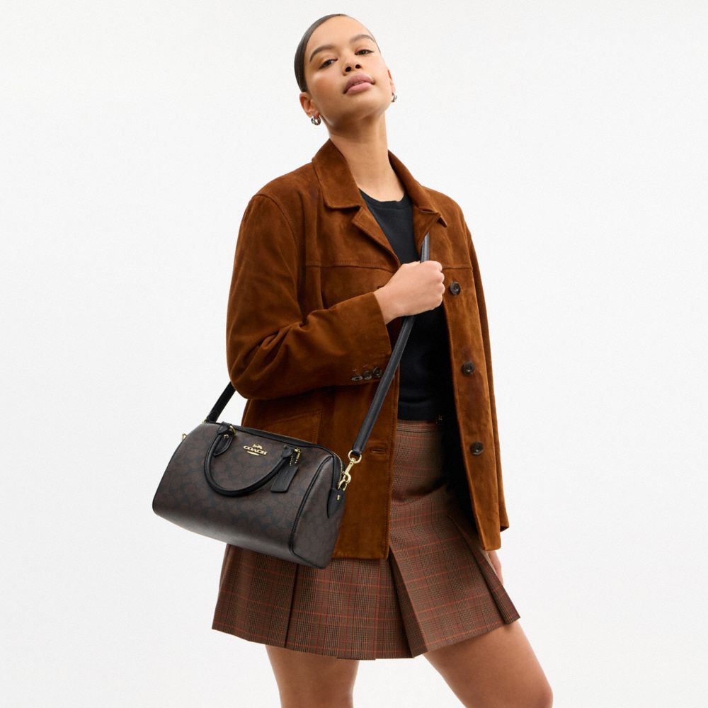 Coach Rowan Satchel Bag In Signature Canvas Gold Walnut Black