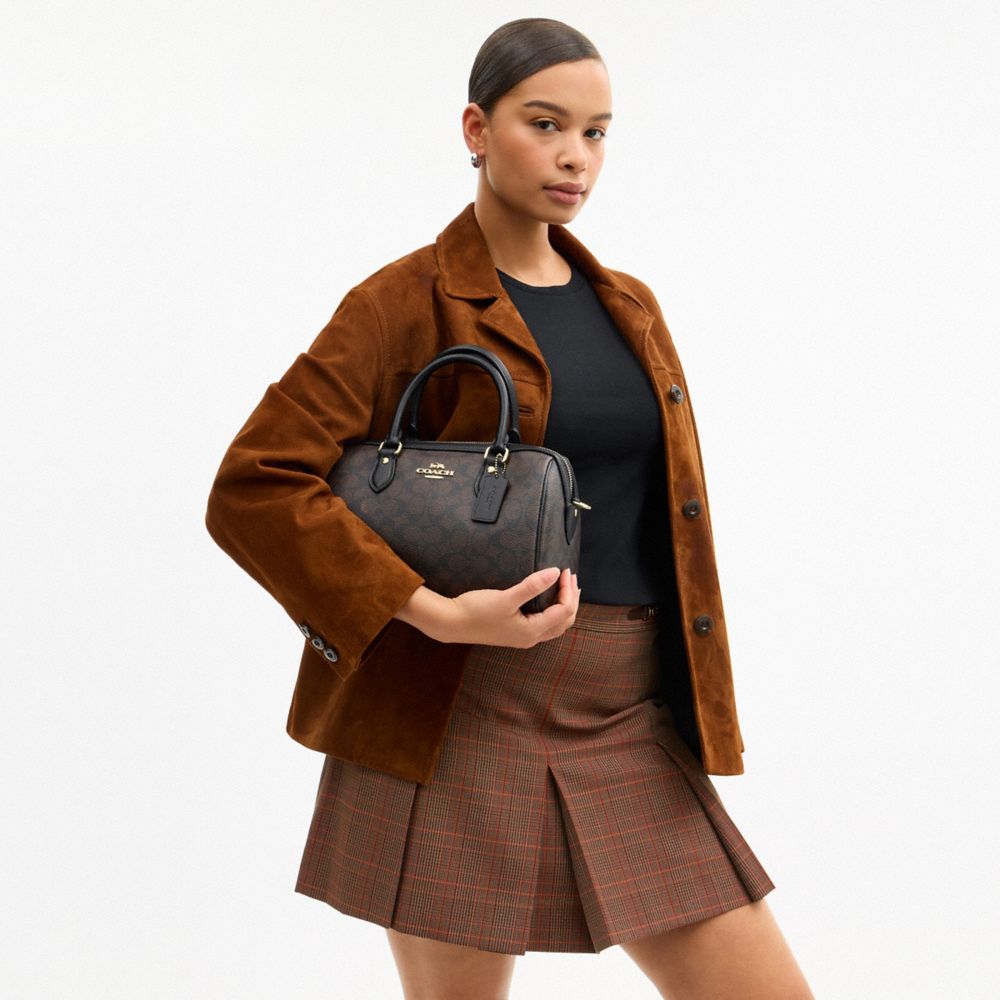 Coach Rowan Satchel Bag In Signature Canvas Gold Walnut Black