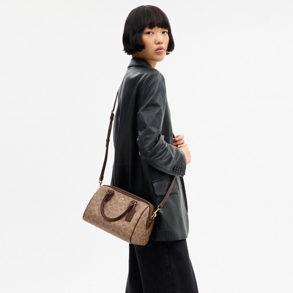 Coach Rowan Satchel Bag In Signature Canvas Gold Tan Brown
