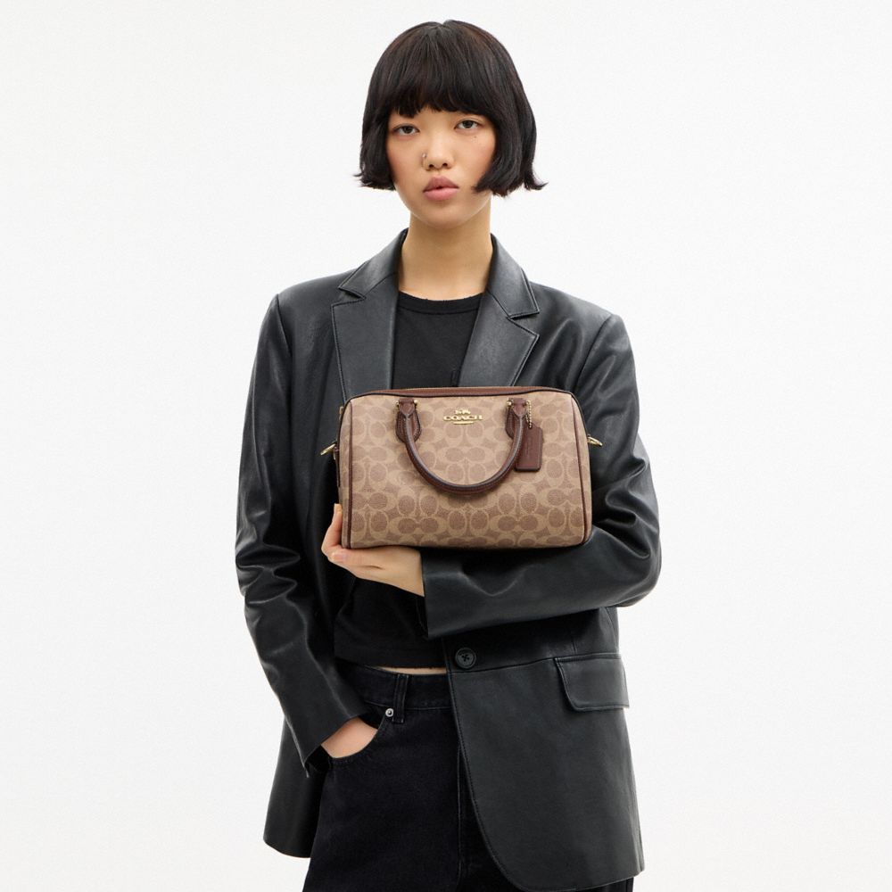Coach Rowan Satchel Bag In Signature Canvas Gold Tan Brown