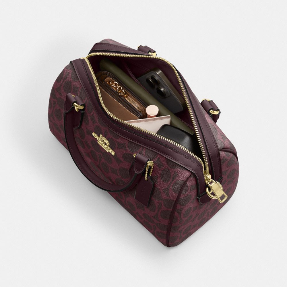 Coach Rowan Satchel Bag In Signature Canvas Gold/Black Currant Multi