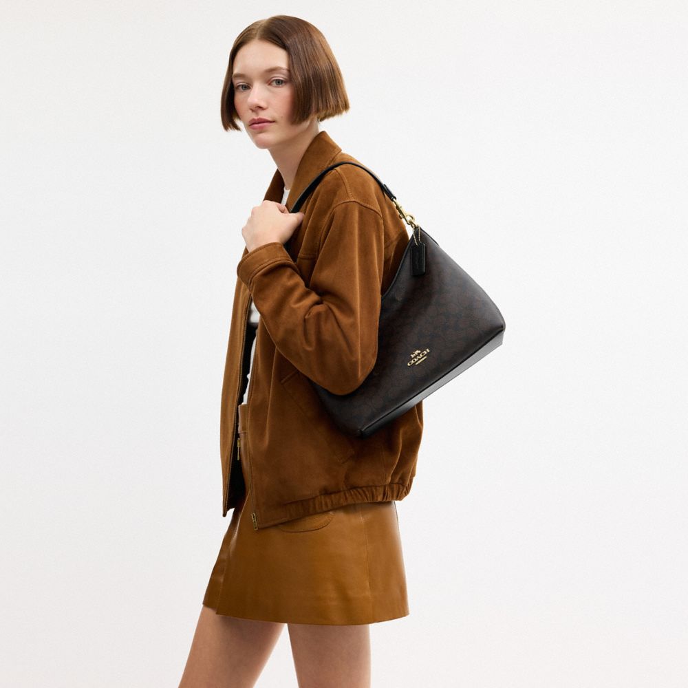 Coach Laurel Shoulder Bag In Signature Canvas Gold Walnut Black
