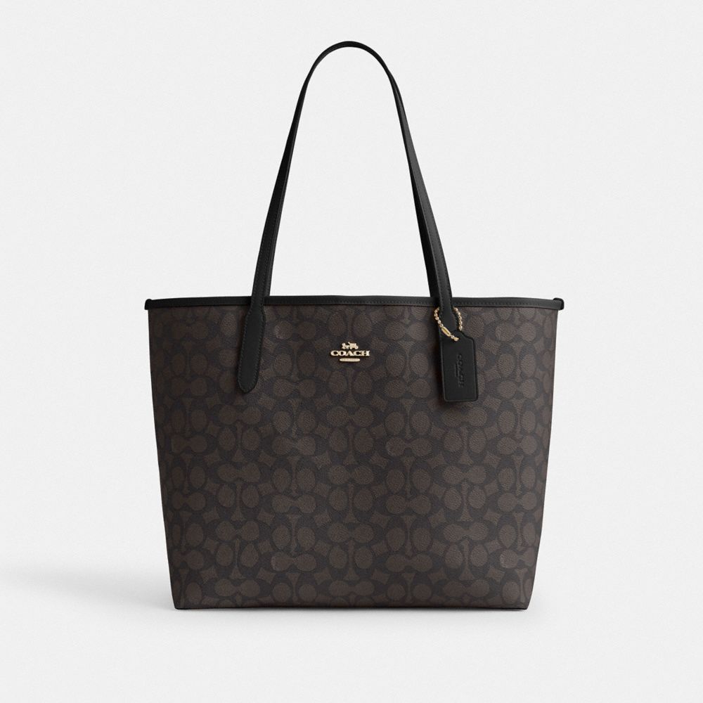 Coach City Tote Bag In Signature Canvas Gold Walnut Black