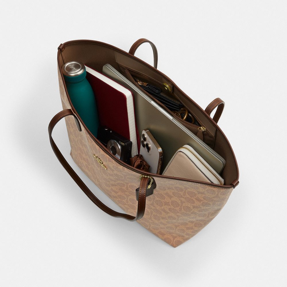 Coach City Tote Bag In Signature Canvas Gold Tan Brown