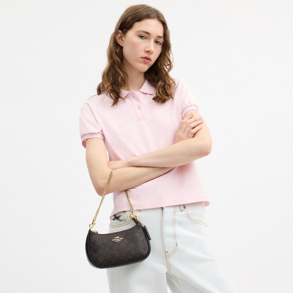 Coach Teri Mini Crossbody Bag In Signature Canvas Gold Walnut Black