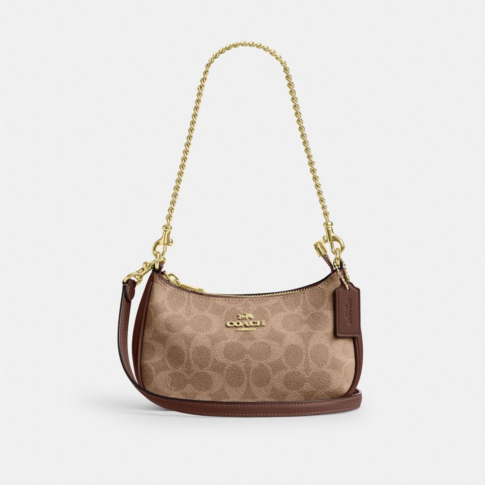 Coach Teri Mini Crossbody Bag In Signature Canvas Gold Tan Brown