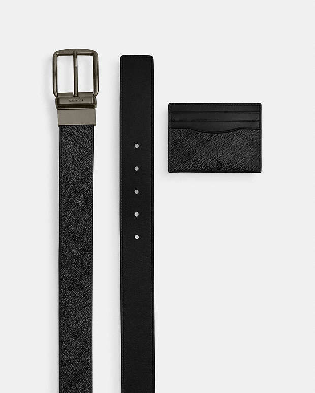 Boxed Card Case And Belt Set In Signature Canvas Signature Canvas-Gunmetal-Charcoal-Black Signature Canvas-Gunmetal-Charcoal-Black