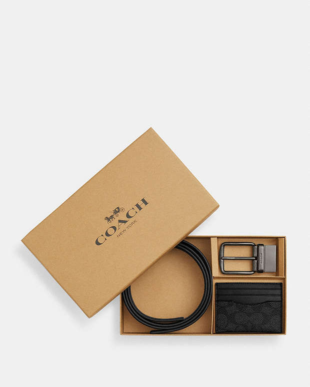 Boxed Card Case And Belt Set In Signature Canvas Signature Canvas-Gunmetal-Charcoal-Black Signature Canvas-Gunmetal-Charcoal-Black