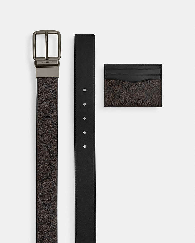 Boxed Card Case And Belt Set In Signature Canvas Signature Canvas-Qb-Walnut-Black Signature Canvas-Qb-Walnut-Black