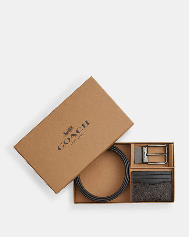 Boxed Card Case And Belt Set In Signature Canvas Signature Canvas-Qb-Walnut-Black Signature Canvas-Qb-Walnut-Black