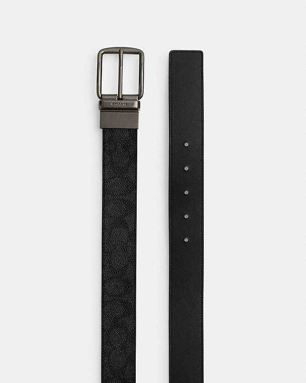Boxed Plaque And Harness Buckle Cut To Size Reversible Belt, 38 Mm Signature Canvas-Gunmetal-Charcoal-Black Signature Canvas-Gunmetal-Charcoal-Black