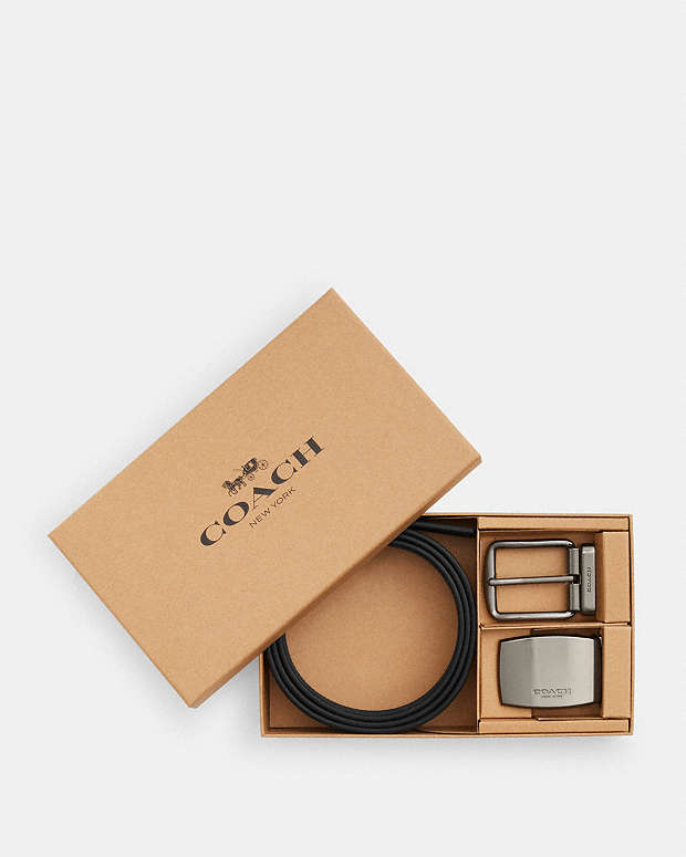 Boxed Plaque And Harness Buckle Cut To Size Reversible Belt, 38 Mm Signature Canvas-Gunmetal-Charcoal-Black Signature Canvas-Gunmetal-Charcoal-Black