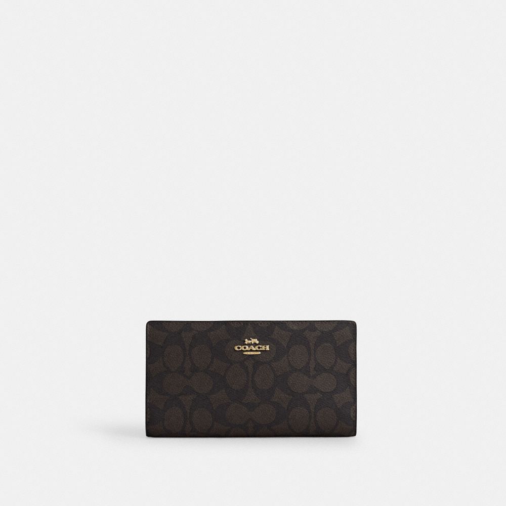 Coach Slim Zip Wallet In Signature Canvas Gold Walnut Black