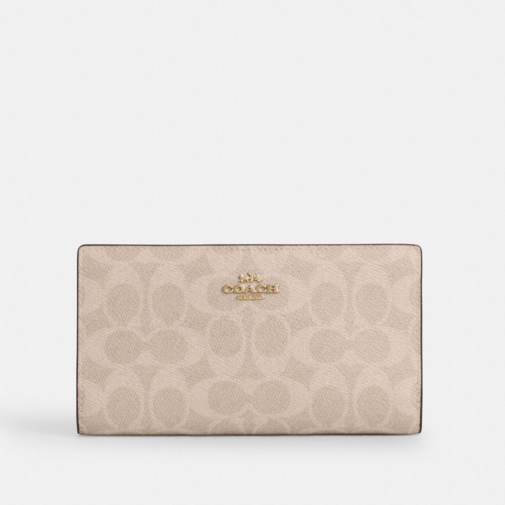 Coach Slim Zip Wallet In Signature Canvas Gold Sand Chalk
