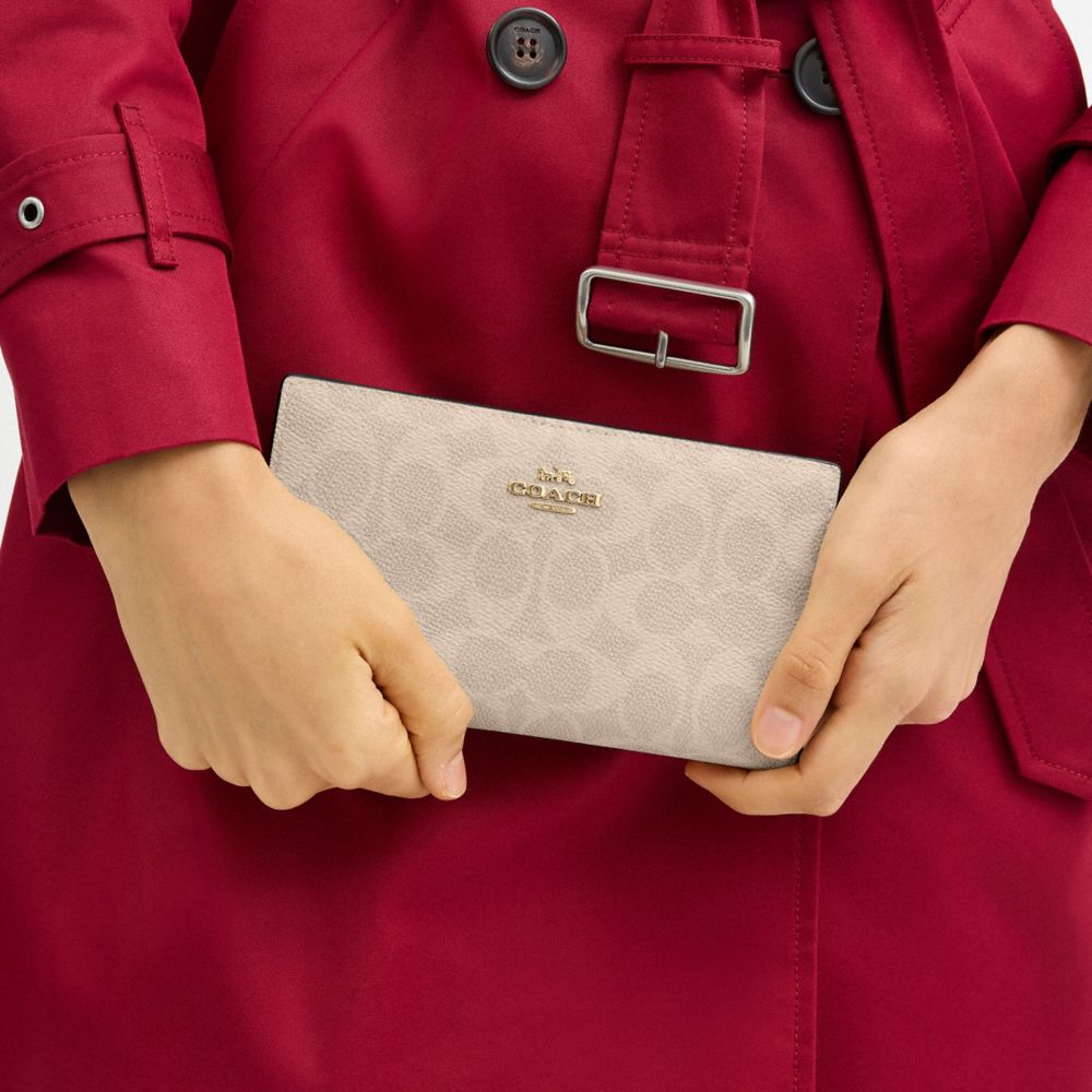 Coach Slim Zip Wallet In Signature Canvas Gold Sand Chalk