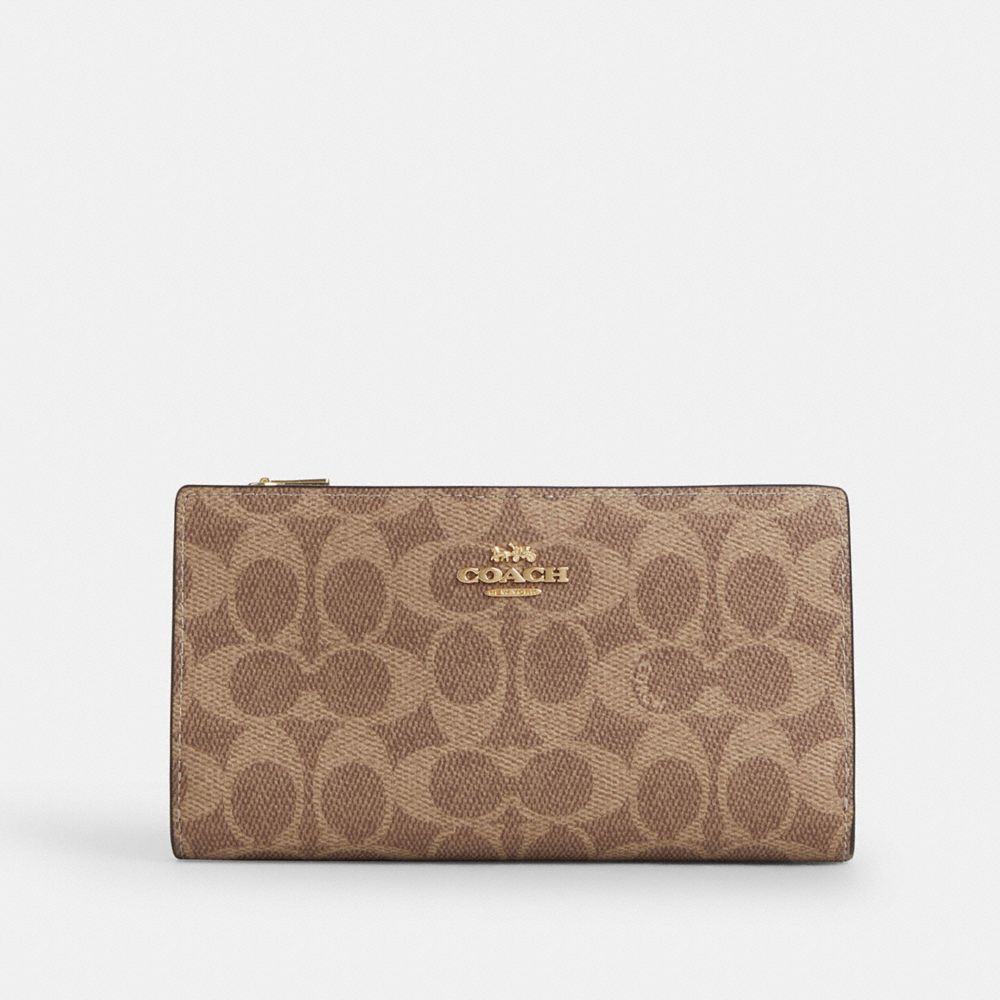 Coach Slim Zip Wallet In Signature Canvas Gold Tan Brown