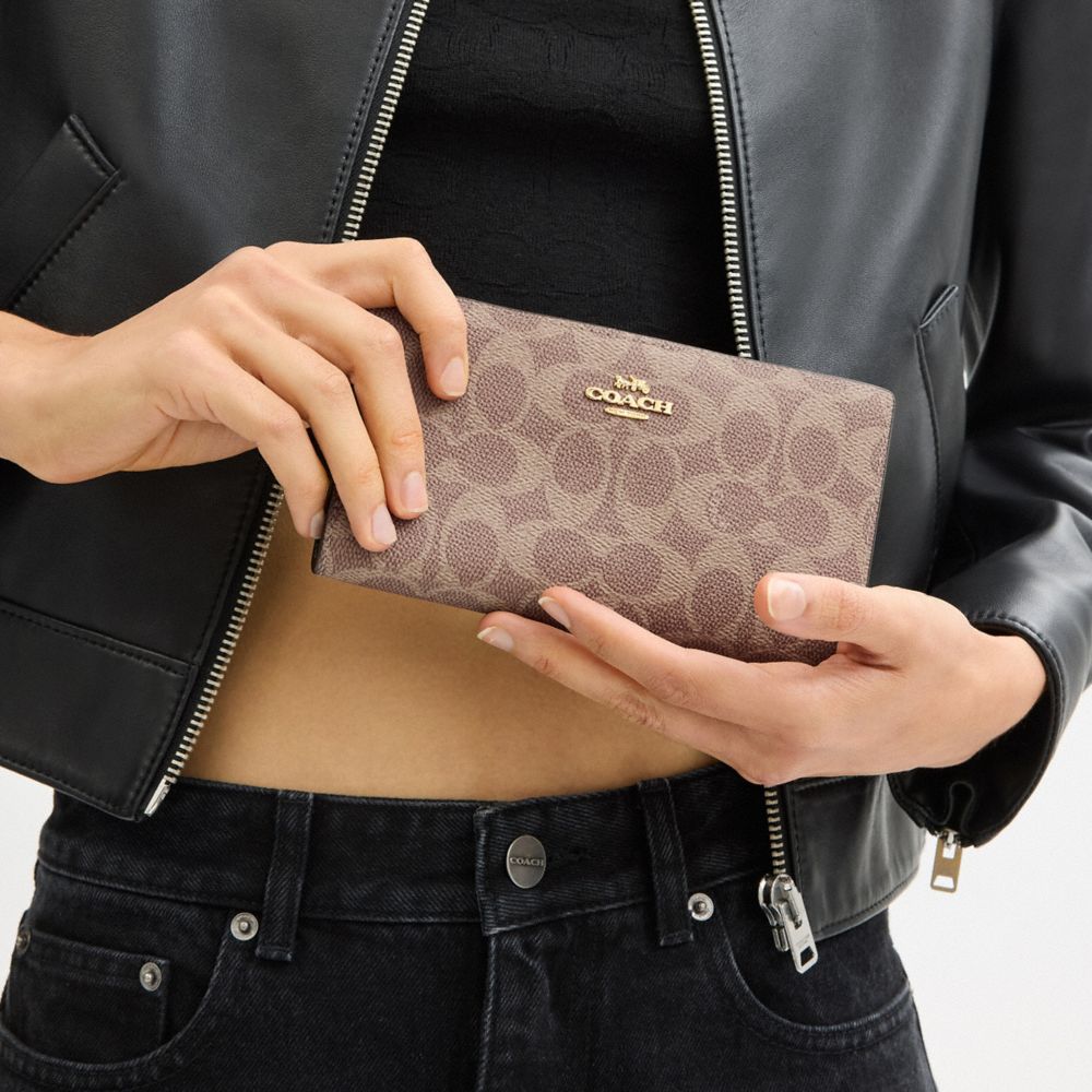 Coach Slim Zip Wallet In Signature Canvas Gold Tan Brown