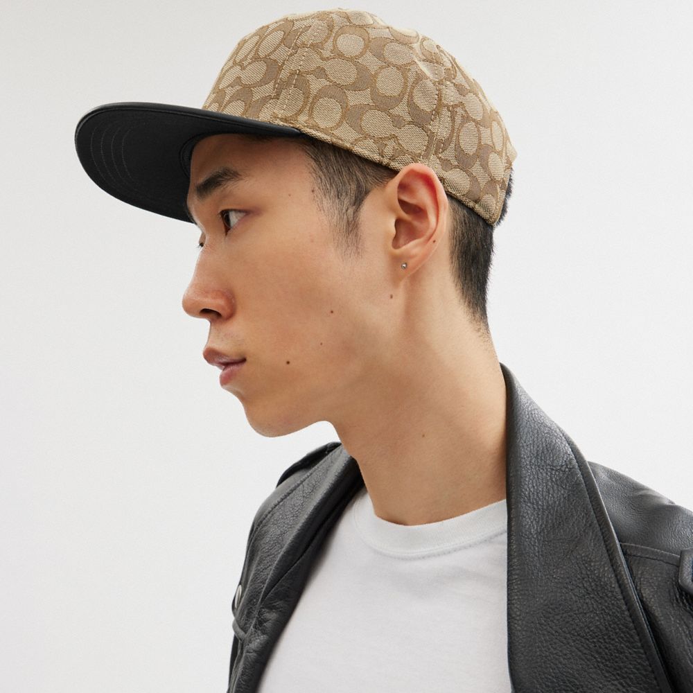 Coach Signature Jacquard Flat Brim Hat Khaki Black