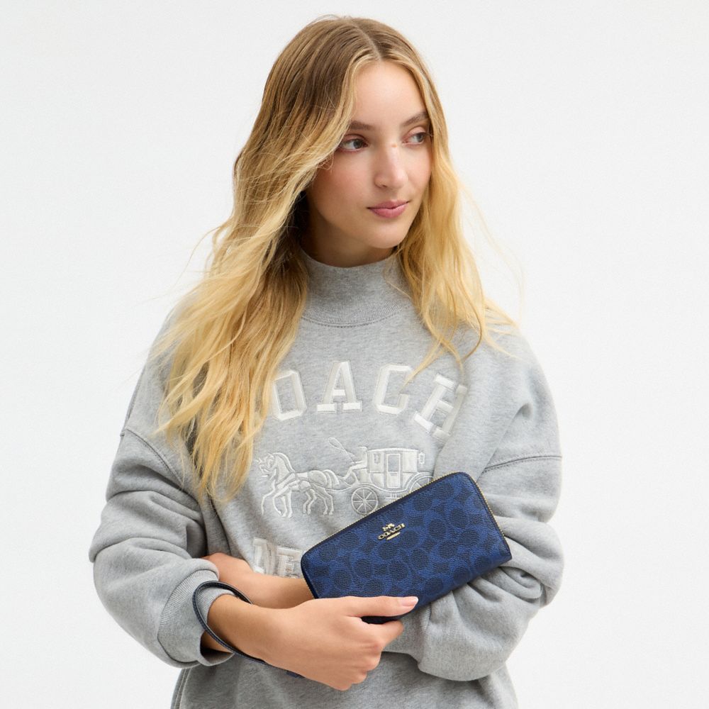 Coach Long Zip Around Wallet In Signature Canvas Gold/Navy
