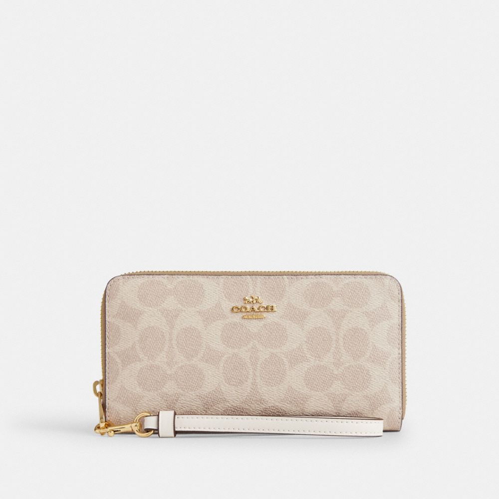 Coach Long Zip Around Wallet In Signature Canvas Gold/Sand/Chalk