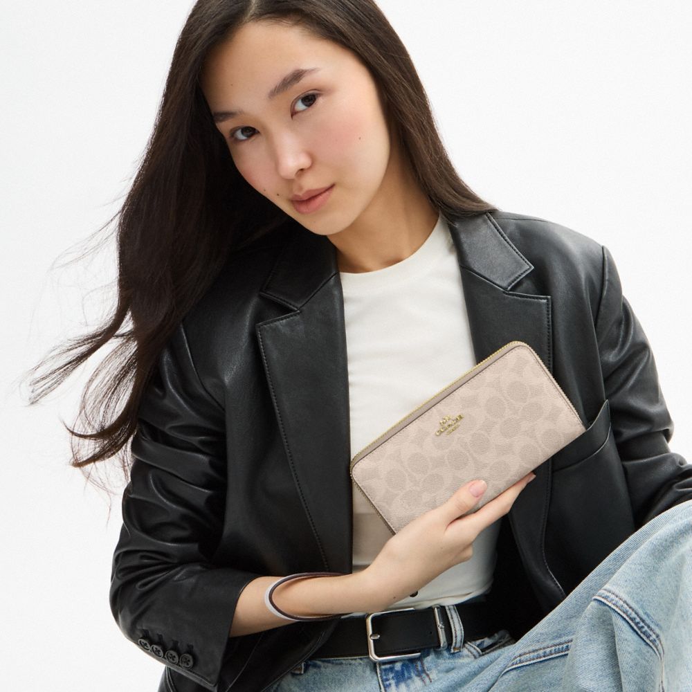 Coach Long Zip Around Wallet In Signature Canvas Gold/Sand/Chalk