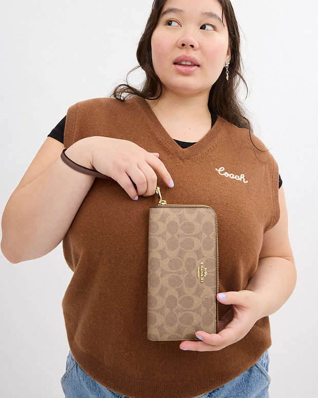 Long Zip Around Wallet In Signature Canvas Signature Canvas-Gold-Tan-Brown Signature Canvas-Gold-Tan-Brown