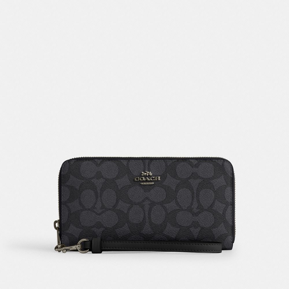 Coach Long Zip Around Wallet In Signature Canvas Gunmetal/Charcoal/Black