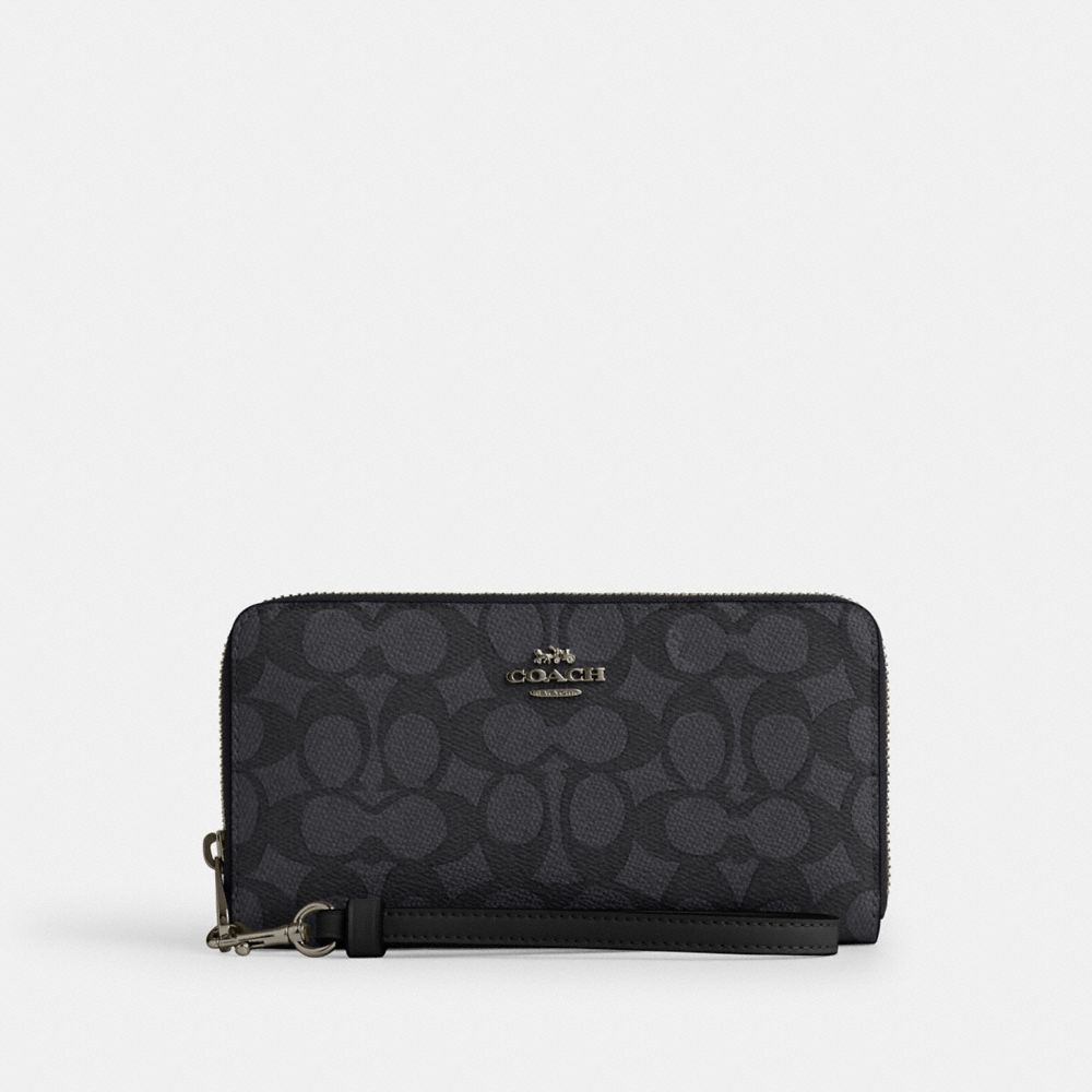 Coach Long Zip Around Wallet In Signature Canvas Gunmetal Charcoal Black