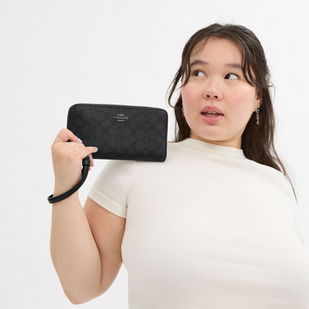 Coach Long Zip Around Wallet In Signature Canvas Gunmetal Charcoal Black