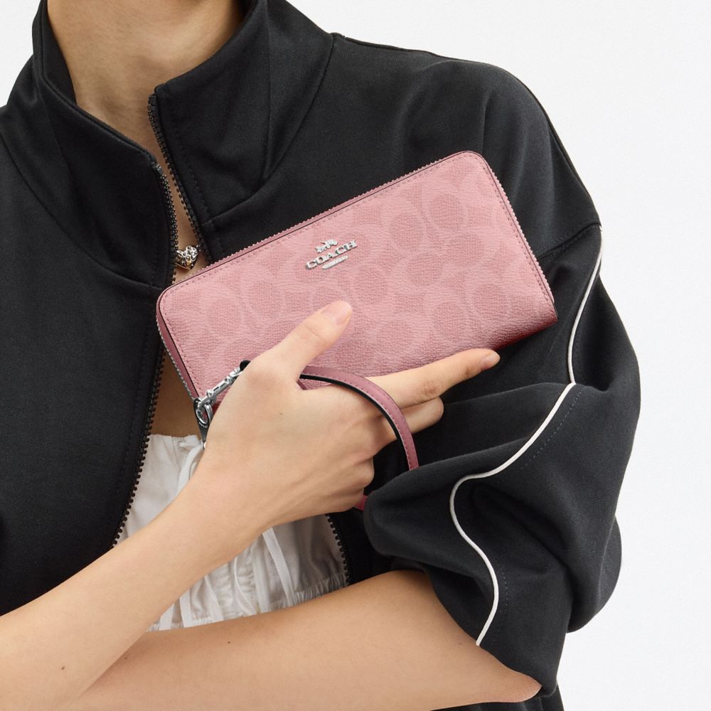 Coach Long Zip Around Wallet In Signature Canvas Silver