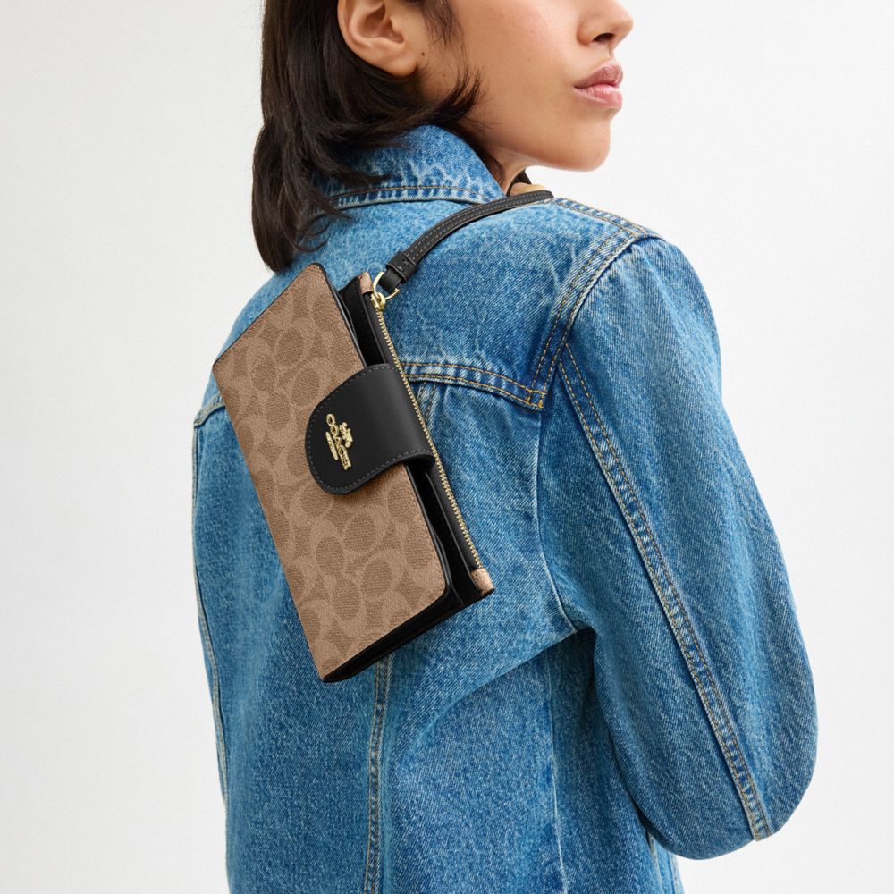Coach Phone Wallet In Signature Canvas Gold Tan Black