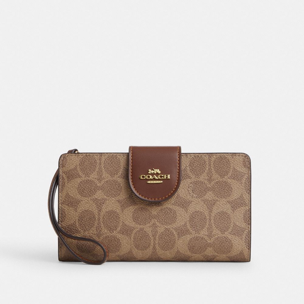 Coach Phone Wallet In Signature Canvas Gold Tan Brown