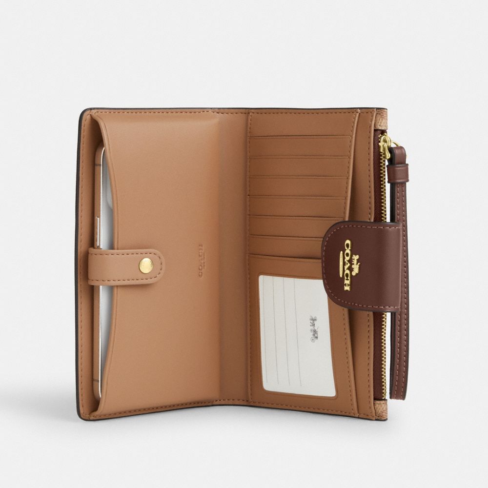 Coach Phone Wallet In Signature Canvas Gold Tan Brown
