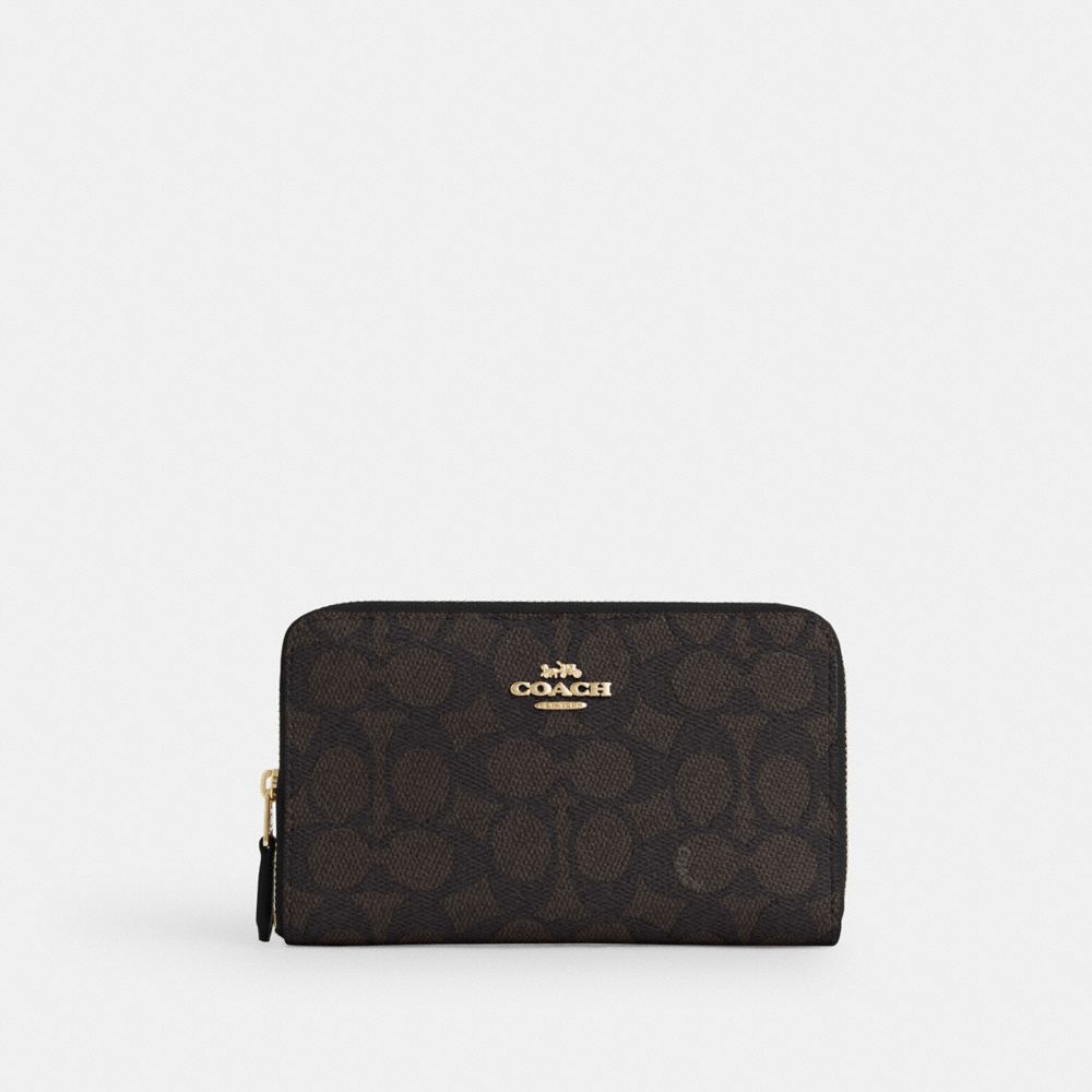 Coach Medium Id Zip Wallet In Signature Canvas Gold Walnut Black