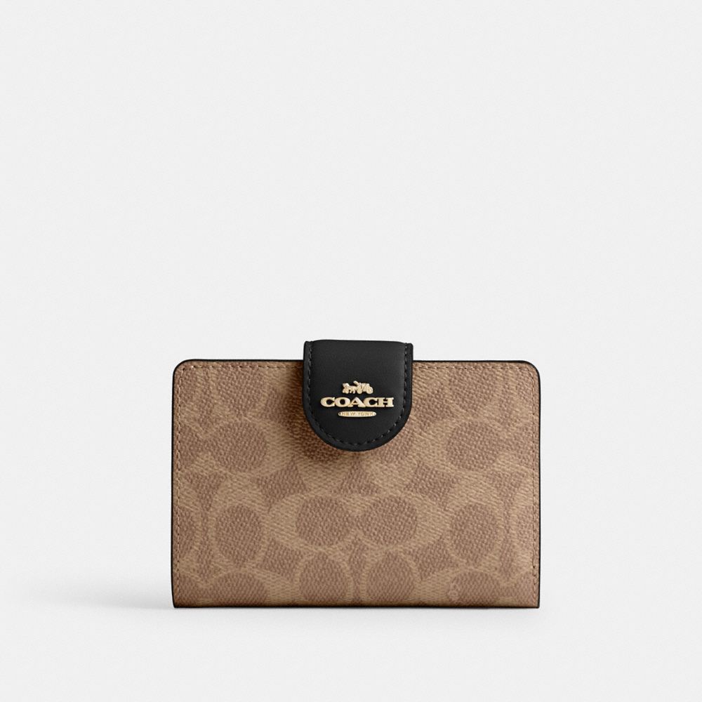 Coach Medium Corner Zip Wallet In Signature Canvas Gold Tan Black