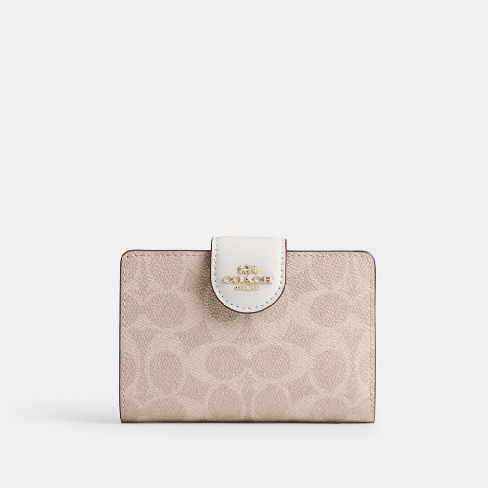 Coach Medium Corner Zip Wallet In Signature Canvas Gold/Sand/Chalk
